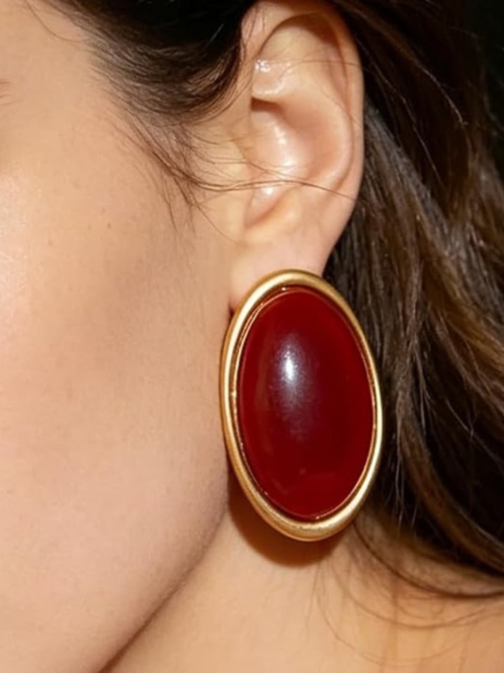 Anthropologie Gold-Trimmed Deep Red Oval Earrings - Picture 5 of 5